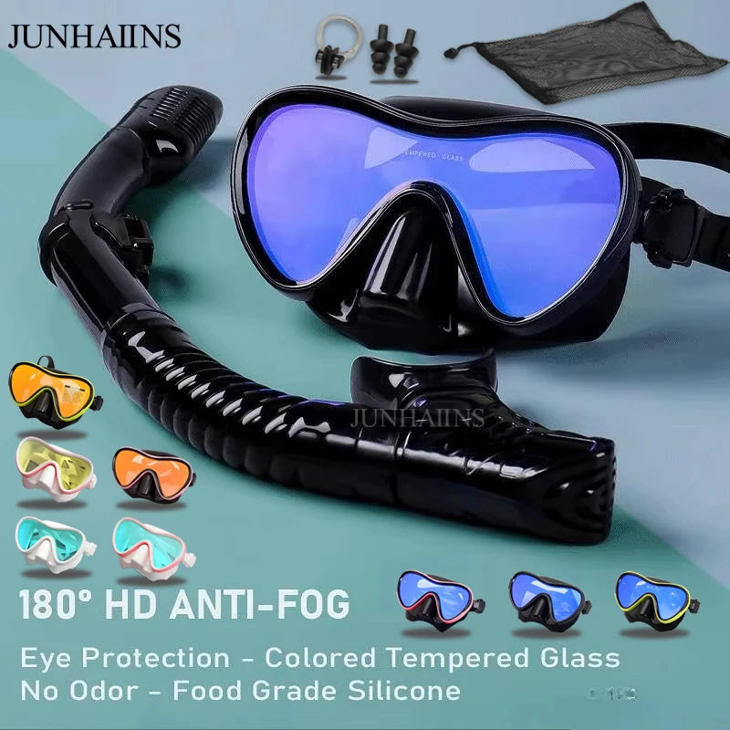 JUNHAIINS Professional Silicone Snorkel Mask Breathing tube Anti Fog Tempered Glass Swimming Snorke Set for Water Sport